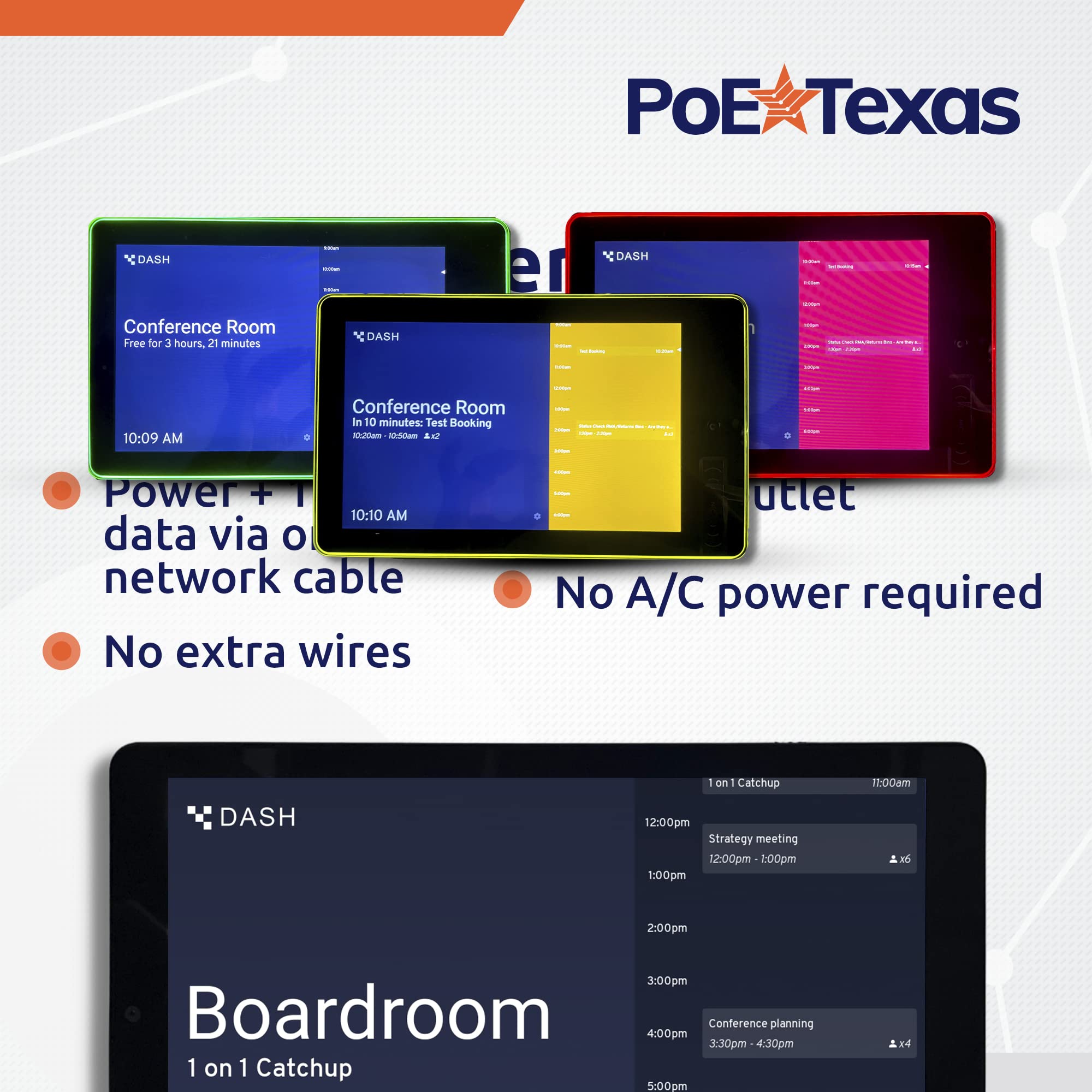 PoE Texas 10" Touchscreen Meeting Room Scheduler Tablet with Highly Visible LED Ring - Plug & Play PoE Office Conference Room Scheduler - Digital Display Syncs with Existing Business Calendar