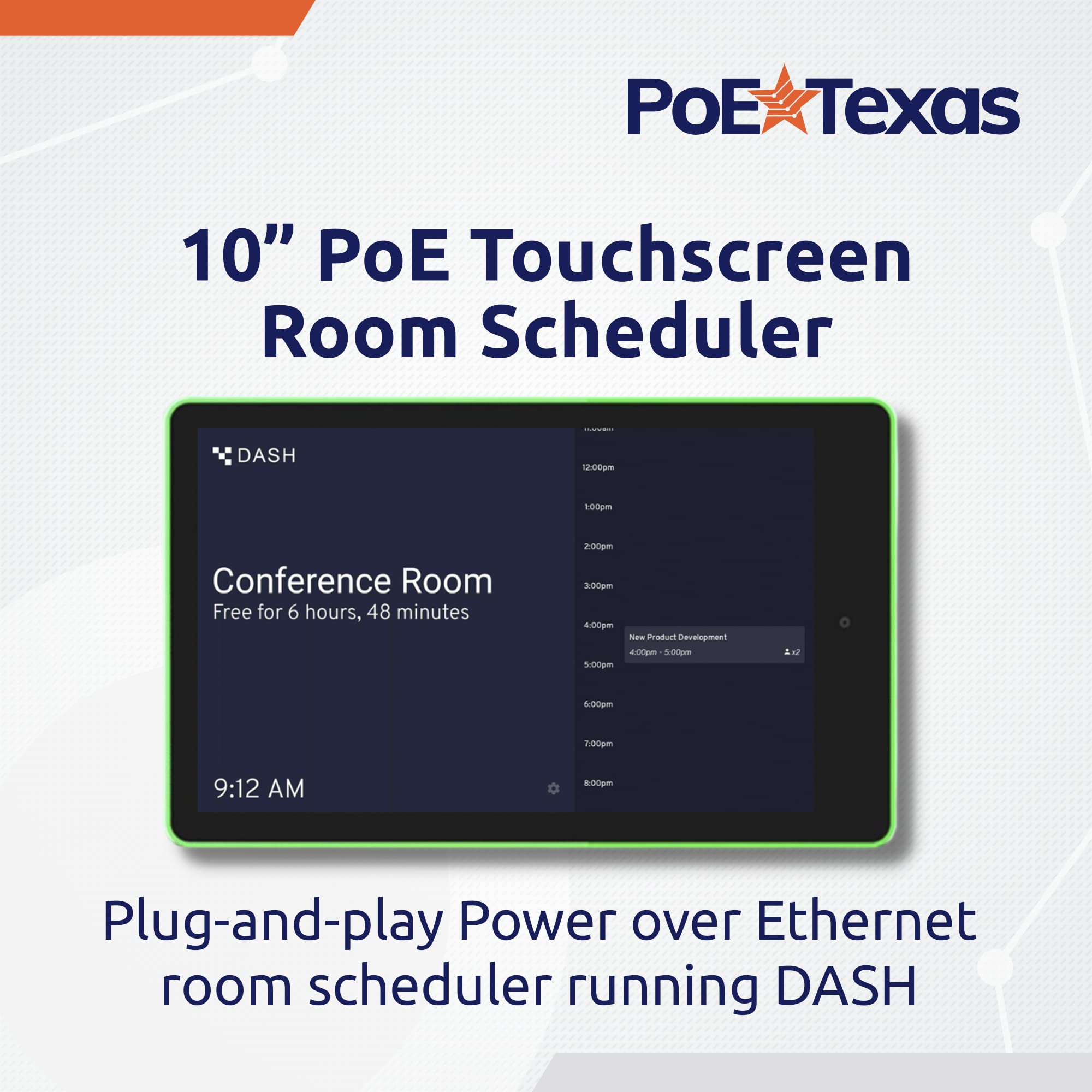 PoE Texas 10" Touchscreen Meeting Room Scheduler Tablet with Highly Visible LED Ring - Plug & Play PoE Office Conference Room Scheduler - Digital Display Syncs with Existing Business Calendar