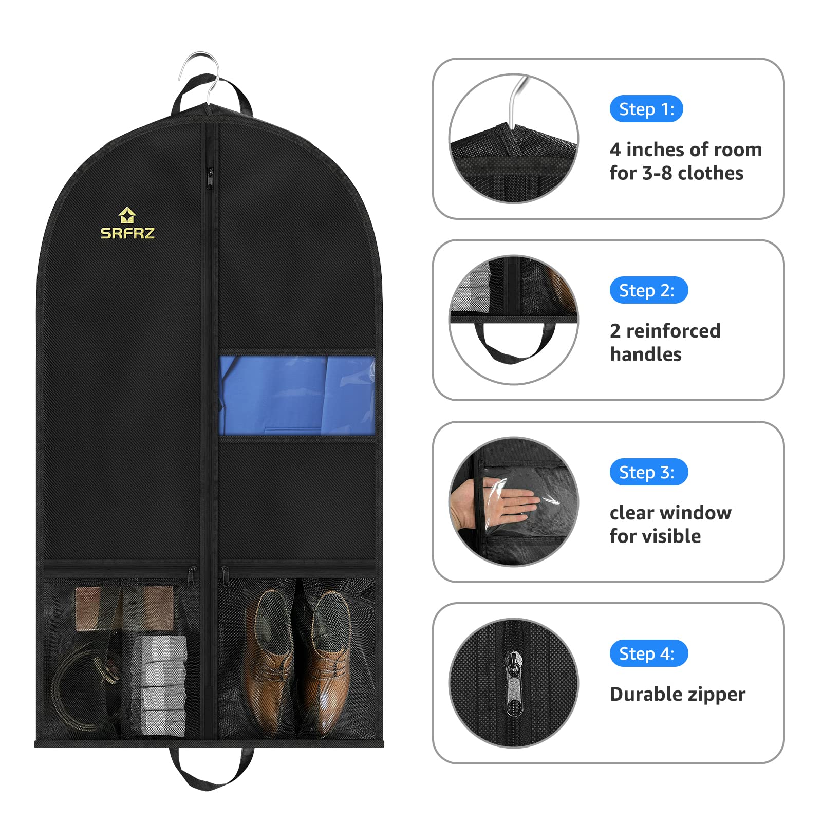 SRFRZ 43" Heavy Duty Garment Bags Suit Bags for Travel Hanging Clothes, 4" Gussetes with Pockets and 2 Handles, Protector for Coat Dress Jacket Shirts