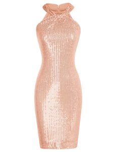 women halter sequin dress sexy shiny bodycon party cocktail dresses rose gold l