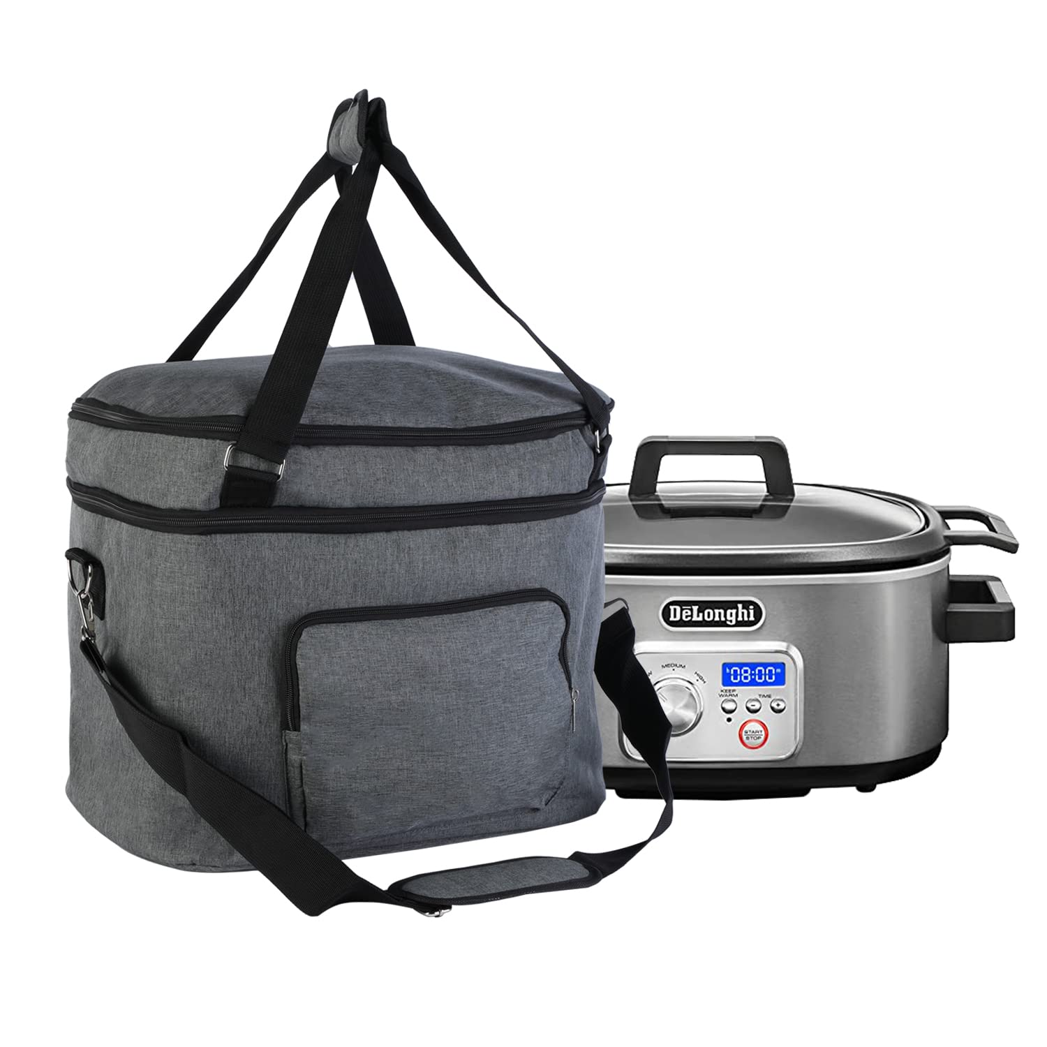 Double Layers Slow Cooker Bag，Carry Case with Top Zip Compartment and Accessory Pocket , Insulated Slow Cooker Carrier Fits for Most 68 Quart Oval Slow Cooker, Fabric waterproof ,Easy to clean.(Bag