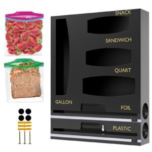jeethemy bag organizer compatible with ziplock, foil and plastic wrap organizer, 6 in 1 bamboo dispenser with cutter for kitchen drawer and wall mounted, storage for gallon,quart,sandwich,snack black