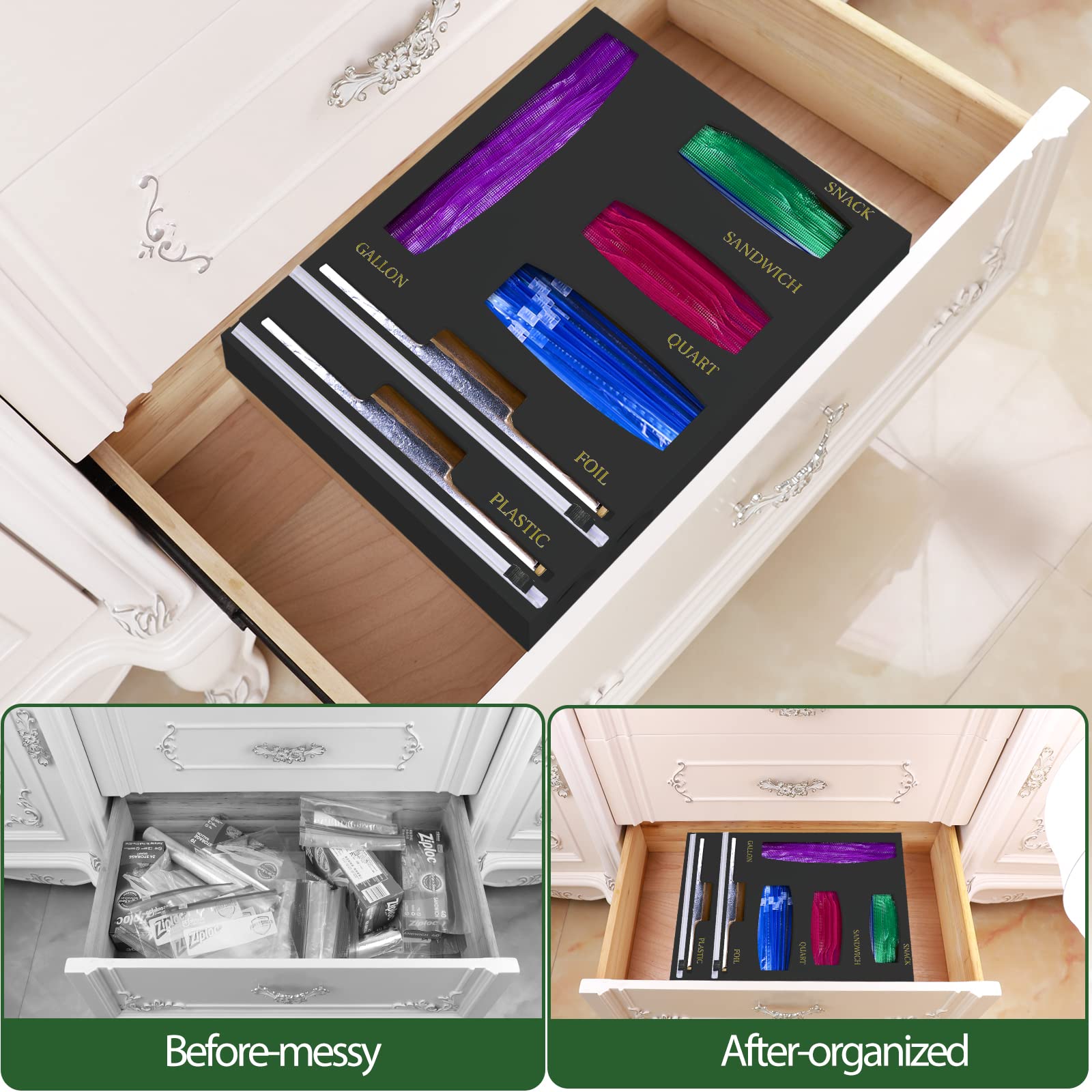 Jeethemy Bag Organizer Compatible with Ziplock, Foil and Plastic Wrap Organizer, 6 in 1 Bamboo Dispenser with Cutter for Kitchen Drawer and Wall Mounted, Storage for Gallon,Quart,Sandwich,Snack Black