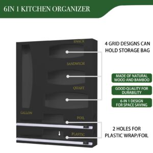 Jeethemy Bag Organizer Compatible with Ziplock, Foil and Plastic Wrap Organizer, 6 in 1 Bamboo Dispenser with Cutter for Kitchen Drawer and Wall Mounted, Storage for Gallon,Quart,Sandwich,Snack Black