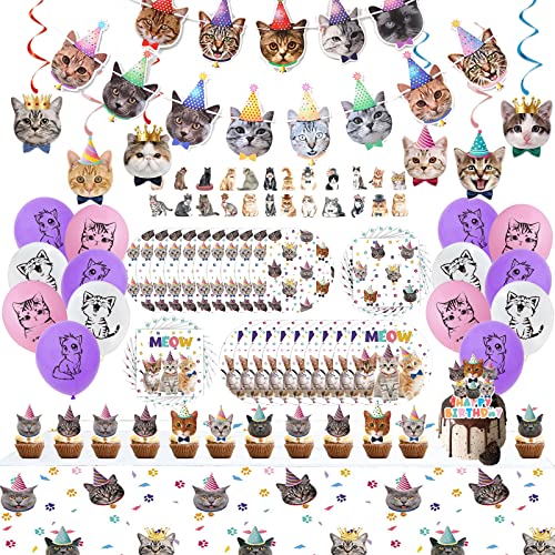 137PCS Cat Birthday Party Supplies Serves 20 Guests Kitten Birthday Party Decorations Cat Party Plates Banner Napkins Balloons Tablecloth Cake Toppers for Cat Themed Birthday Party Supplies