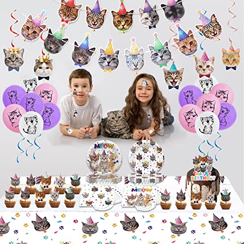 137PCS Cat Birthday Party Supplies Serves 20 Guests Kitten Birthday Party Decorations Cat Party Plates Banner Napkins Balloons Tablecloth Cake Toppers for Cat Themed Birthday Party Supplies