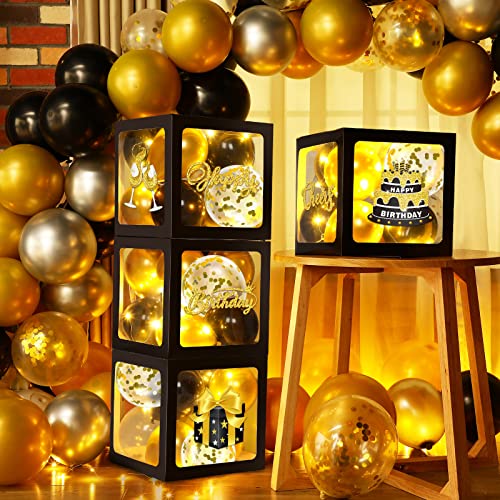 51 Pcs Gold and Black Party Decorations Kit Birthday Balloon Boxes with Balloons and LED Light Strings Gold and Black Birthday Backdrop Photo Props for Men Women Birthday Party Supply Balloon Arch Kit