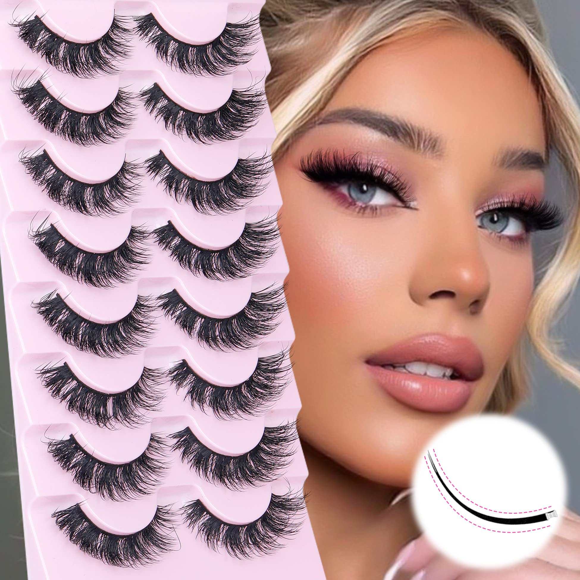 Mink Lashes Natural Look False Eyelashes Fluffy Flat Lashes Wispy 3D Mink Lashes 8 Pairs Strip Lashes Pack