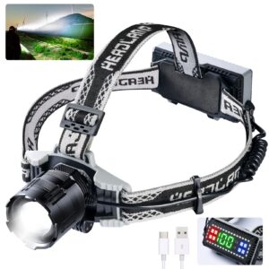 brovave led rechargeable headlamp, 100000 lumens super bright with xhp160, 4 modes usb zoomable head lamp, digital power display, ipx6 waterproof headlight with warning for camping, fishing, hiking