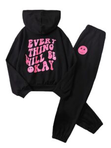 soly hux girl's casual 2 piece outfits graphic long sleeve hoodies sweatshirts and sweatpants set fall clothes black letter 10y