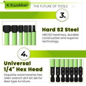 TLEEP 3.94" Long 10Pcs 1/4" Hex Head Allen Wrench Drill Bits, Metric 1.5MM to 12MM Hex Key Drill Bit Set, Magnetic Tips Screwdriver Socket Bit Set for Ikea Type Furniture (S2 Steel), New Version