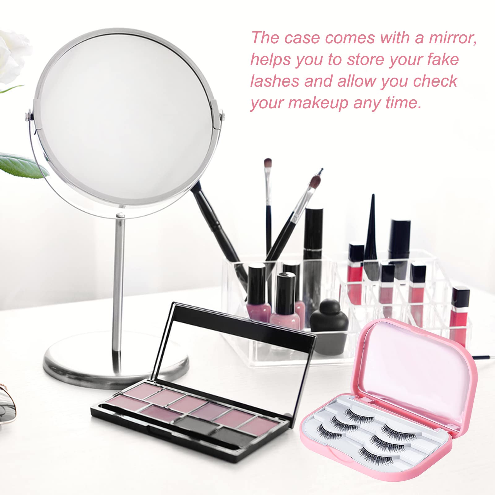 Lash Mirror, AREMOD Eyelash Case 3 Layer False Eyelash Holder Case Lash Organizers and Storage Empty Travel Cosmetic Eyelash Container with Mirror for Makeup(Pink)