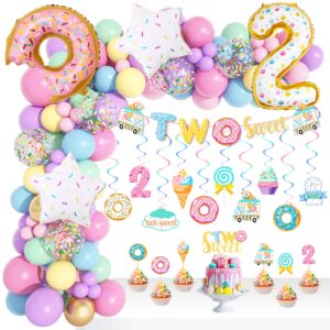 Amandir 145Pcs Two Sweet Birthday Decorations, Donut Birthday Party Supplies for Girls Two Sweet Banner Donut Balloon Garland Kit Cake Topper Swirls for Ice Cream Baby Second 2nd Birthday Party Decor