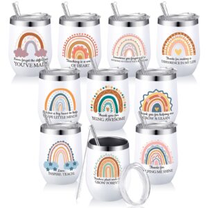 10 pack teacher gifts mug bulk boho rainbow wine tumbler thank you for being awesome stainless steel tumbler with lids straws and brushes insulated coffee tumbler for woman teacher present, 12 oz