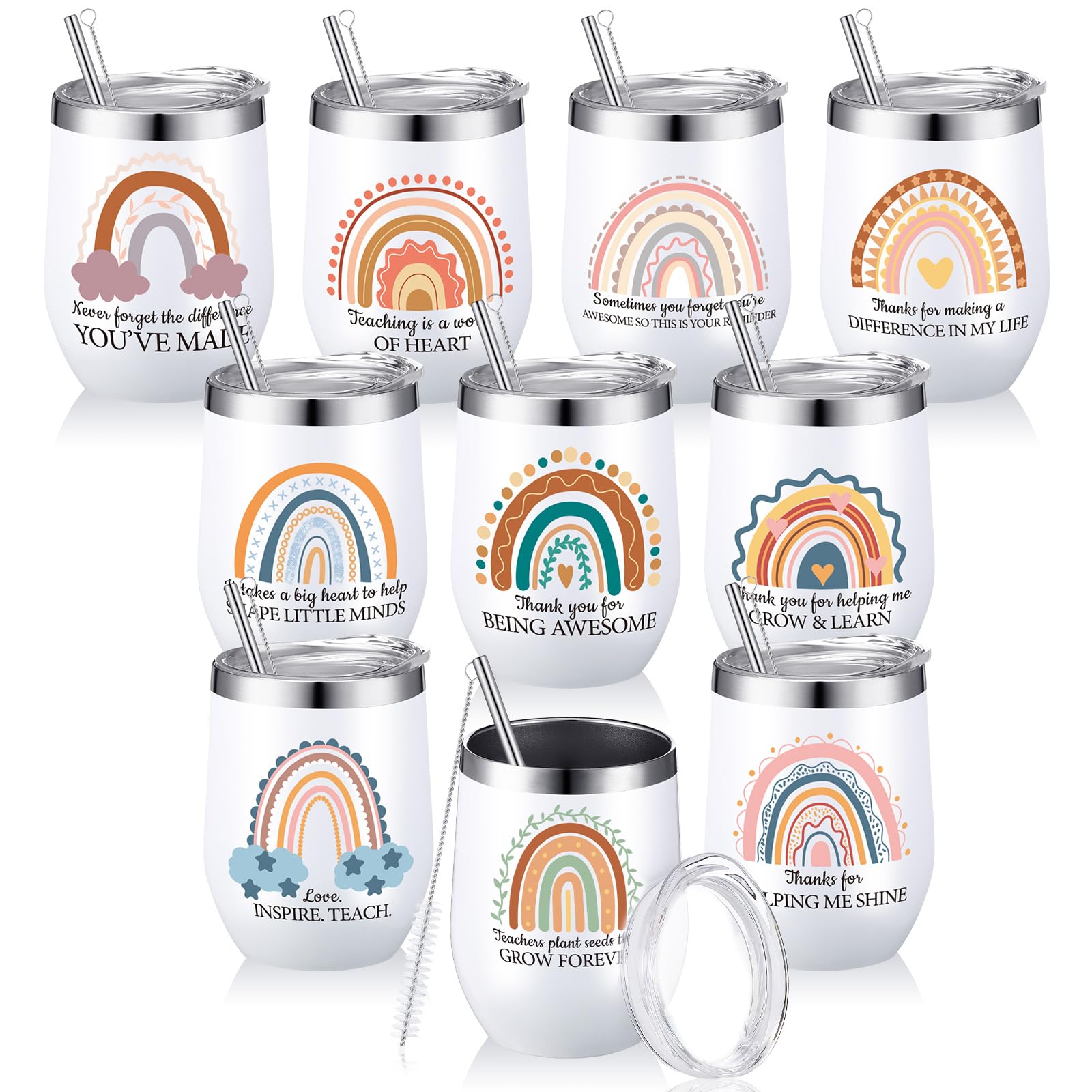 10 Pack Teacher Gifts Mug Bulk Boho Rainbow Wine Tumbler Thank You for Being Awesome Stainless Steel Tumbler with Lids Straws and Brushes Insulated Coffee Tumbler for Woman Teacher Present, 12 oz