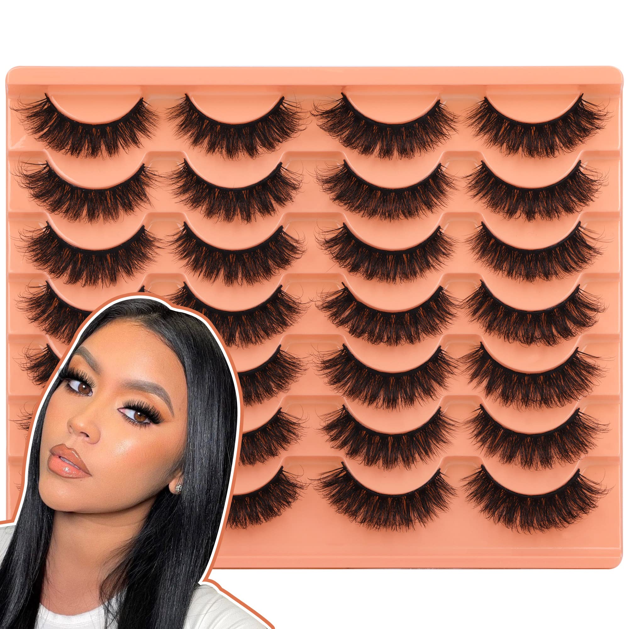 Short Lashes Natural Look False Eyelashes Thick Fluffy Faux Mink Lashes Pack Wispy Strip Fake Eyelashes Cat Eye Lashes that Look Like Extensions 14 Pairs Black