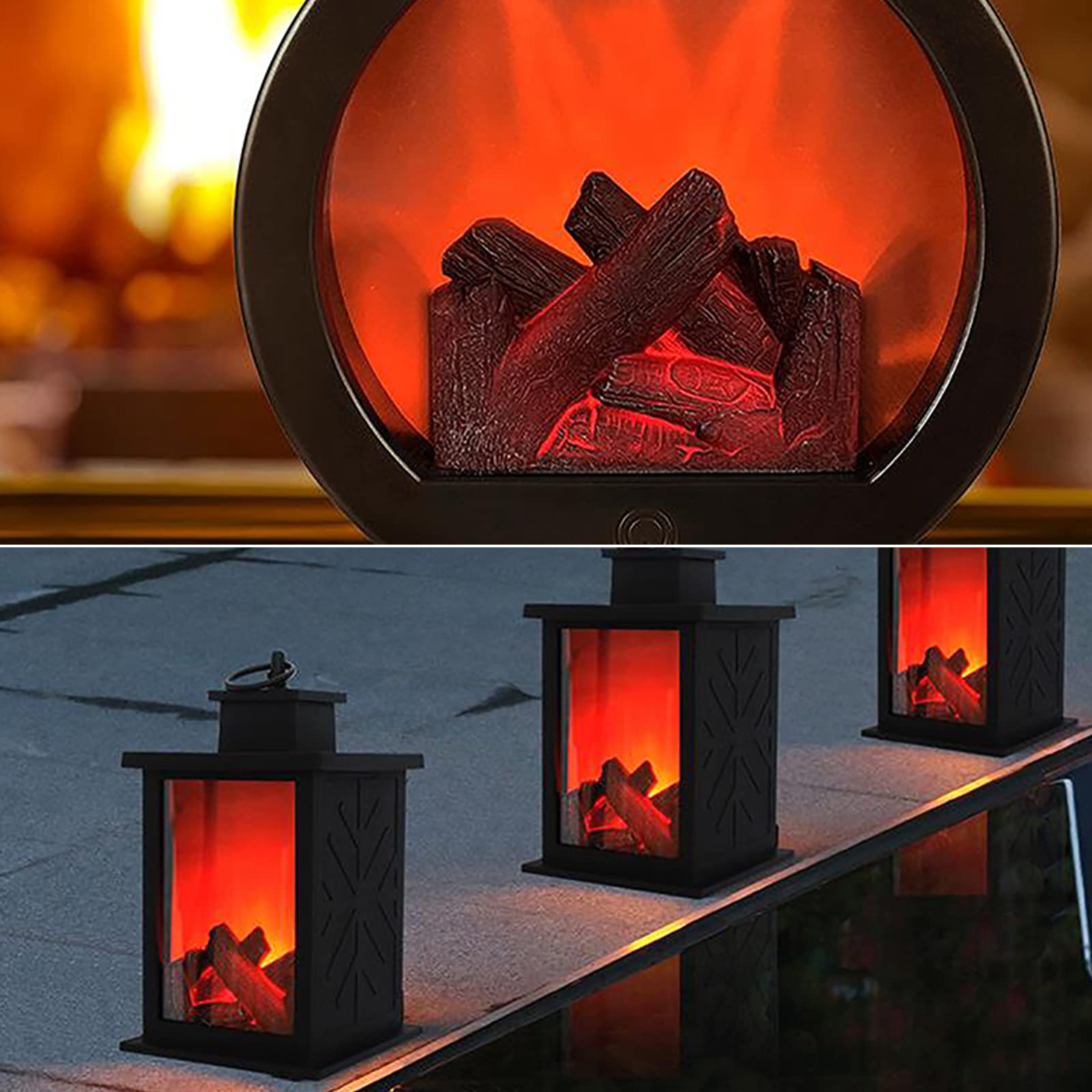 Tzou LED Flameless Fireplace Lantern,Simulation Flame Log Effect Fireplace Light,Touch Switch Tabletop Fireplace Lamp for Home Bedroom Corridor Garden Park Decoration Valentine's Day Ornament Round