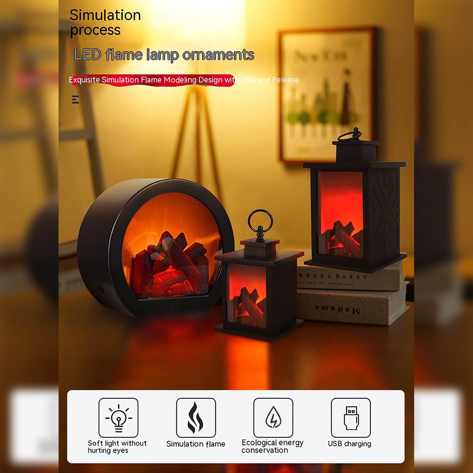 Tzou LED Flameless Fireplace Lantern,Simulation Flame Log Effect Fireplace Light,Touch Switch Tabletop Fireplace Lamp for Home Bedroom Corridor Garden Park Decoration Valentine's Day Ornament Round