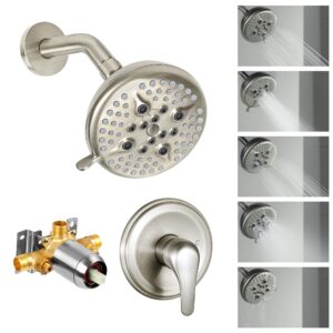 kinse brushed nickel shower faucet set, shower valve and trim kit with 5 inches rain shower fixtures, 5-spray shower head and faucet set, single handle control shower faucet set with valve