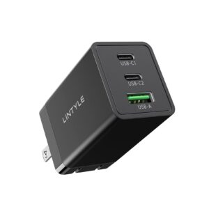 lintyle 3-port usb c gan charger 65w pd 3.0 fast charger block usb-c power delivery type c wall charger foldable adapter for iphone 14 pro max and macbook pro/air, galaxy s22/s21, laptop (65w, black)