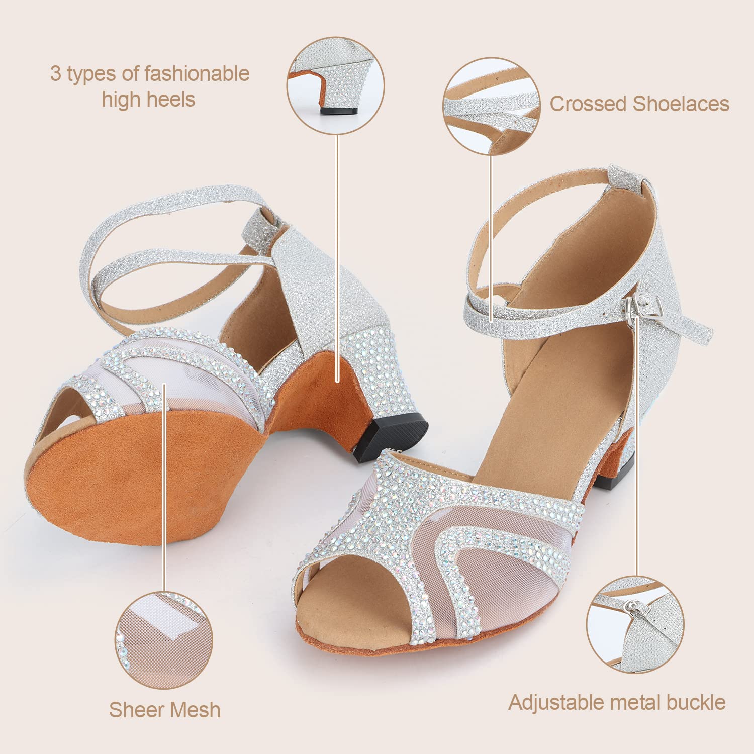 FUKZTE Womens Ballroom Dance Shoes for Social Salsa Latin Dance Dress Shoes Womens Open Toe Dancing Shoes,silver 1.97 inch heel,6 US