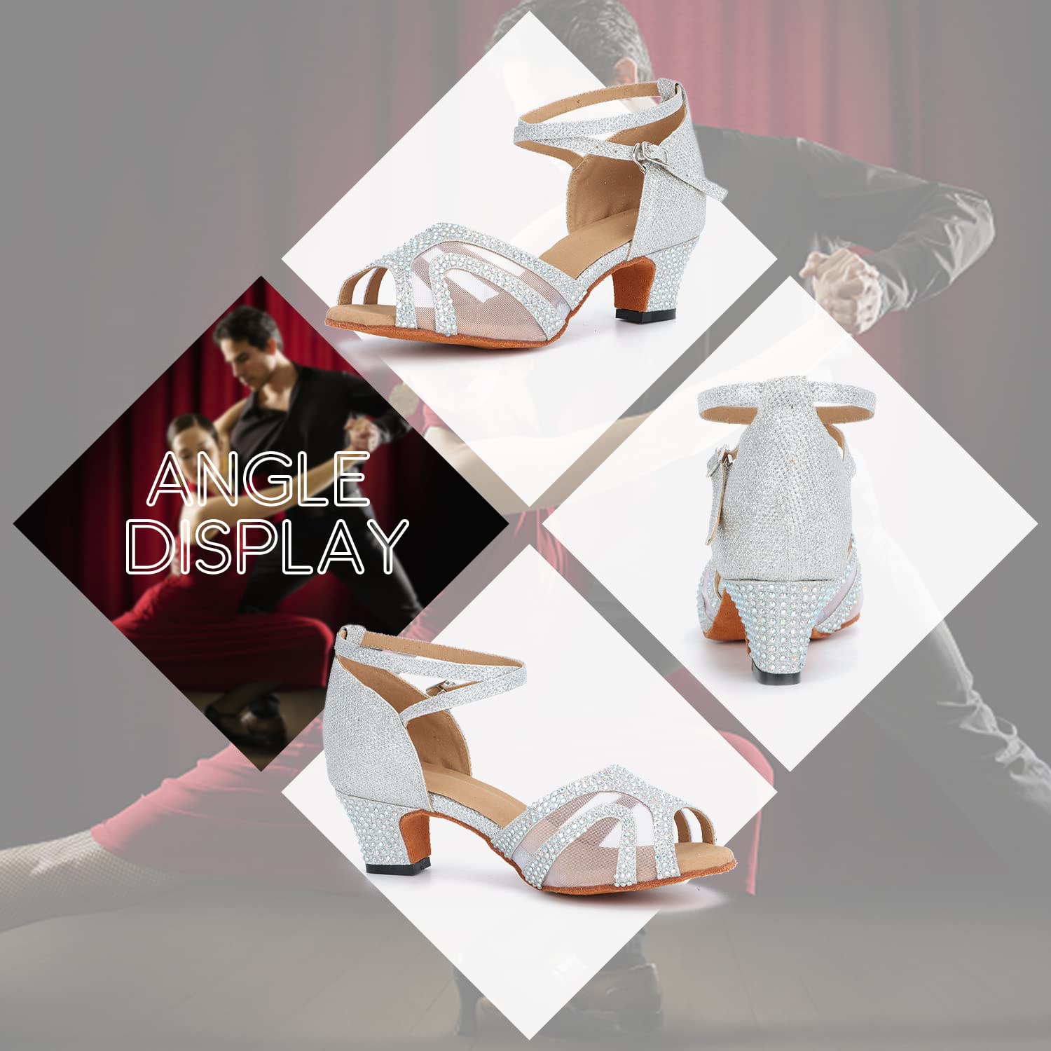FUKZTE Womens Ballroom Dance Shoes for Social Salsa Latin Dance Dress Shoes Womens Open Toe Dancing Shoes,silver 1.97 inch heel,6 US