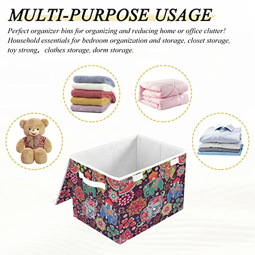Paisley Elephant Storage Basket 16.5x12.6x11.8 In Collapsible Fabric Storage Cubes Organizer Large Storage Bin with Lids and Handles for Shelves Bedroom Closet Office