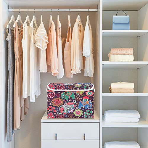 Paisley Elephant Storage Basket 16.5x12.6x11.8 In Collapsible Fabric Storage Cubes Organizer Large Storage Bin with Lids and Handles for Shelves Bedroom Closet Office