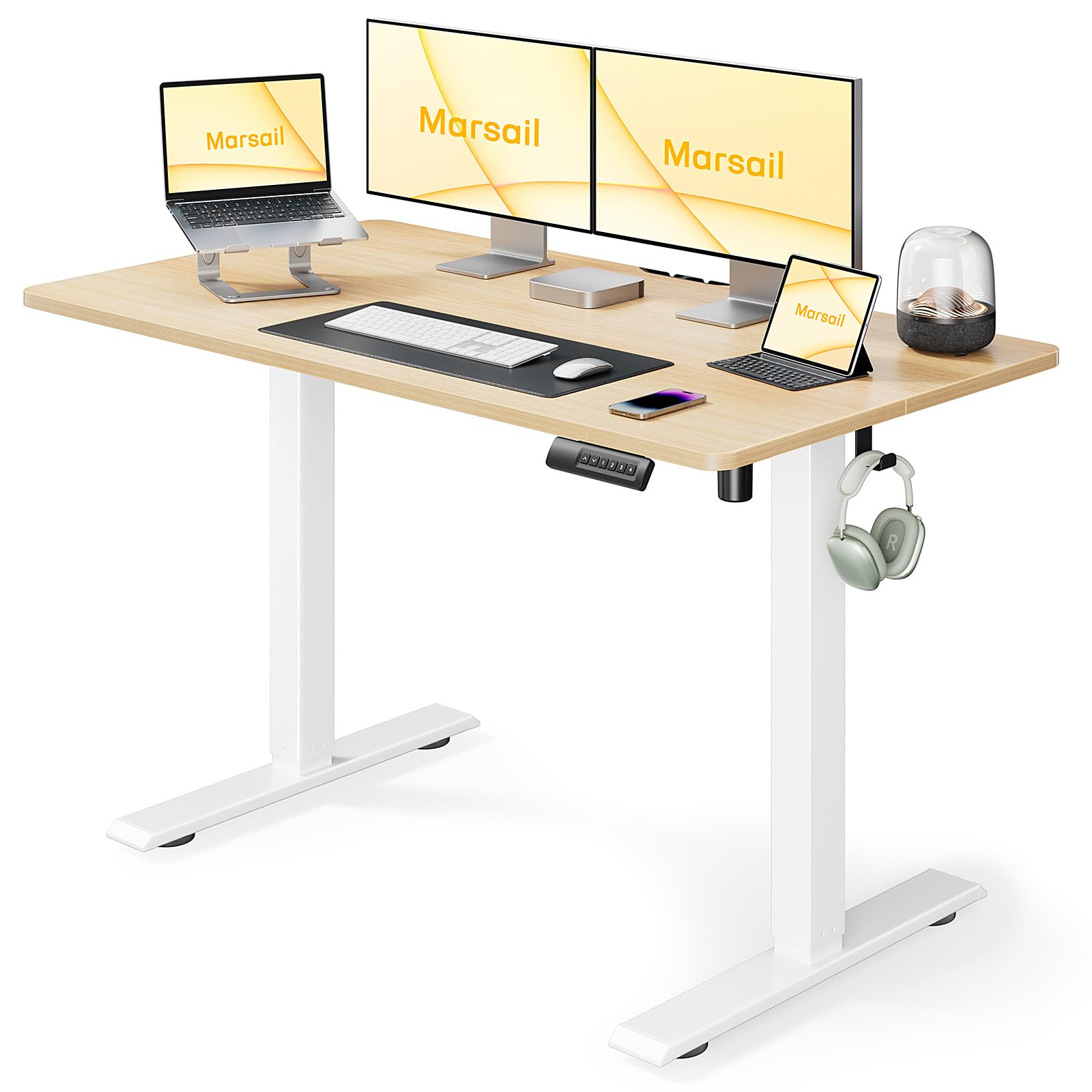 Marsail Electric Standing Desk, 48 * 24 Inch Standing Desk Adjustable Height, Stand up Desk for Home Office Furniture Computer Desk 4 Memory Presets with Headphone Hook