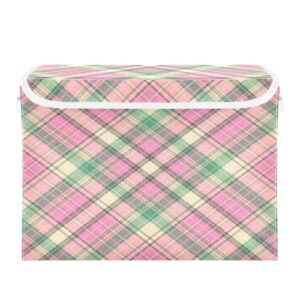pink green plaid storage basket 16.5x12.6x11.8 in collapsible fabric storage cubes organizer large storage bin with lids and handles for shelves bedroom closet office