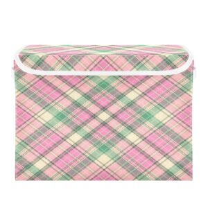 Pink Green Plaid Storage Basket 16.5x12.6x11.8 In Collapsible Fabric Storage Cubes Organizer Large Storage Bin with Lids and Handles for Shelves Bedroom Closet Office