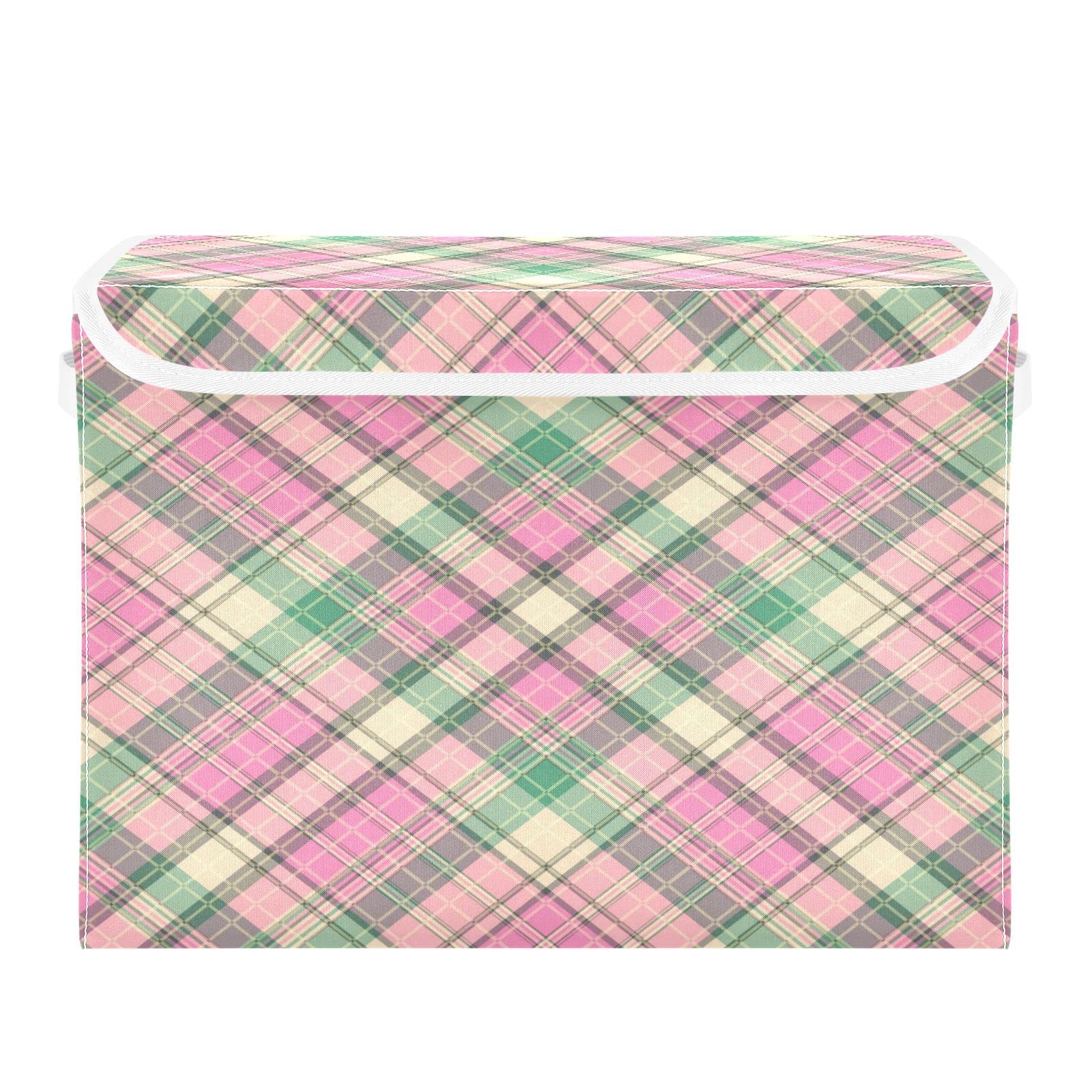 Pink Green Plaid Storage Basket 16.5x12.6x11.8 In Collapsible Fabric Storage Cubes Organizer Large Storage Bin with Lids and Handles for Shelves Bedroom Closet Office