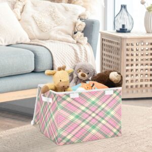 Pink Green Plaid Storage Basket 16.5x12.6x11.8 In Collapsible Fabric Storage Cubes Organizer Large Storage Bin with Lids and Handles for Shelves Bedroom Closet Office