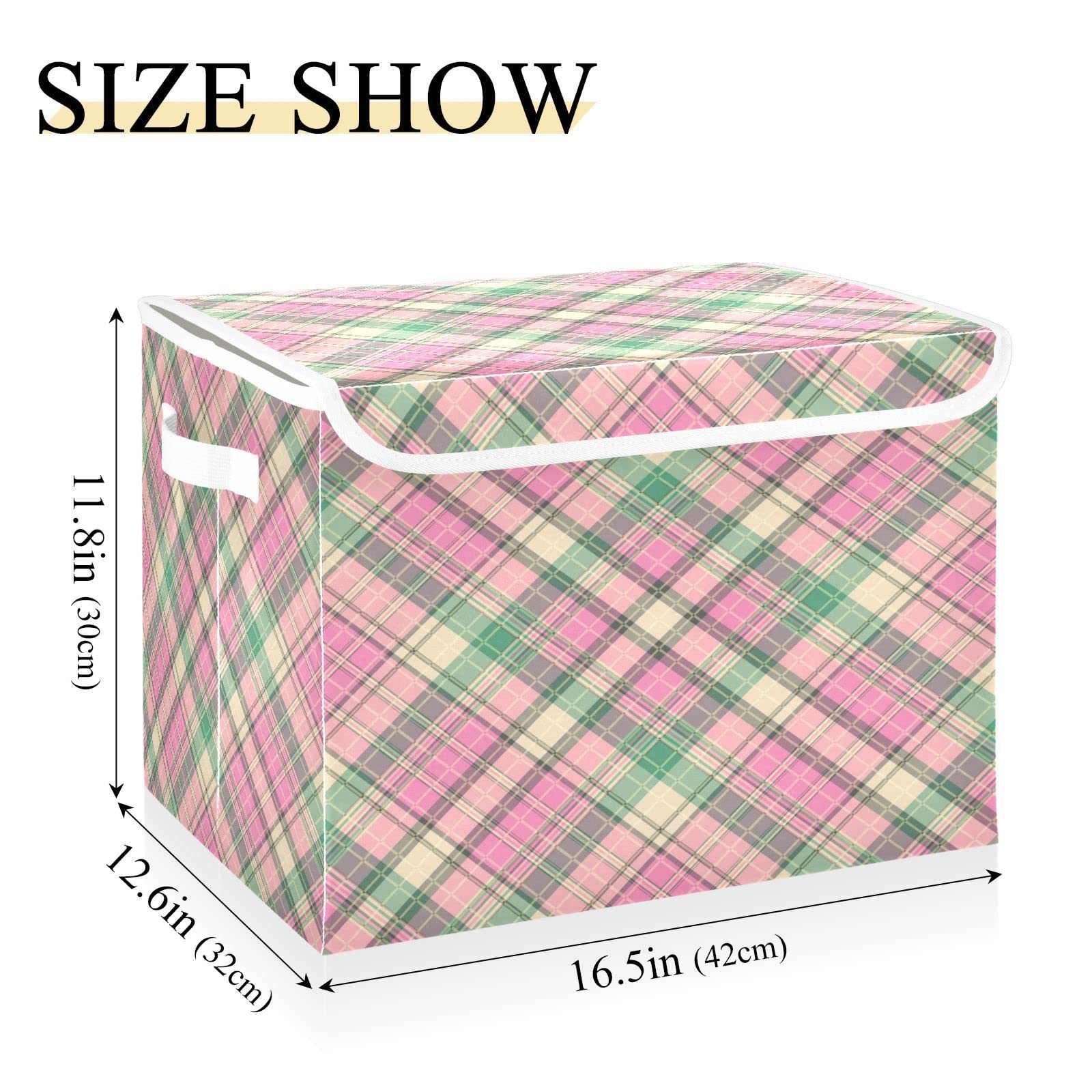 Pink Green Plaid Storage Basket 16.5x12.6x11.8 In Collapsible Fabric Storage Cubes Organizer Large Storage Bin with Lids and Handles for Shelves Bedroom Closet Office
