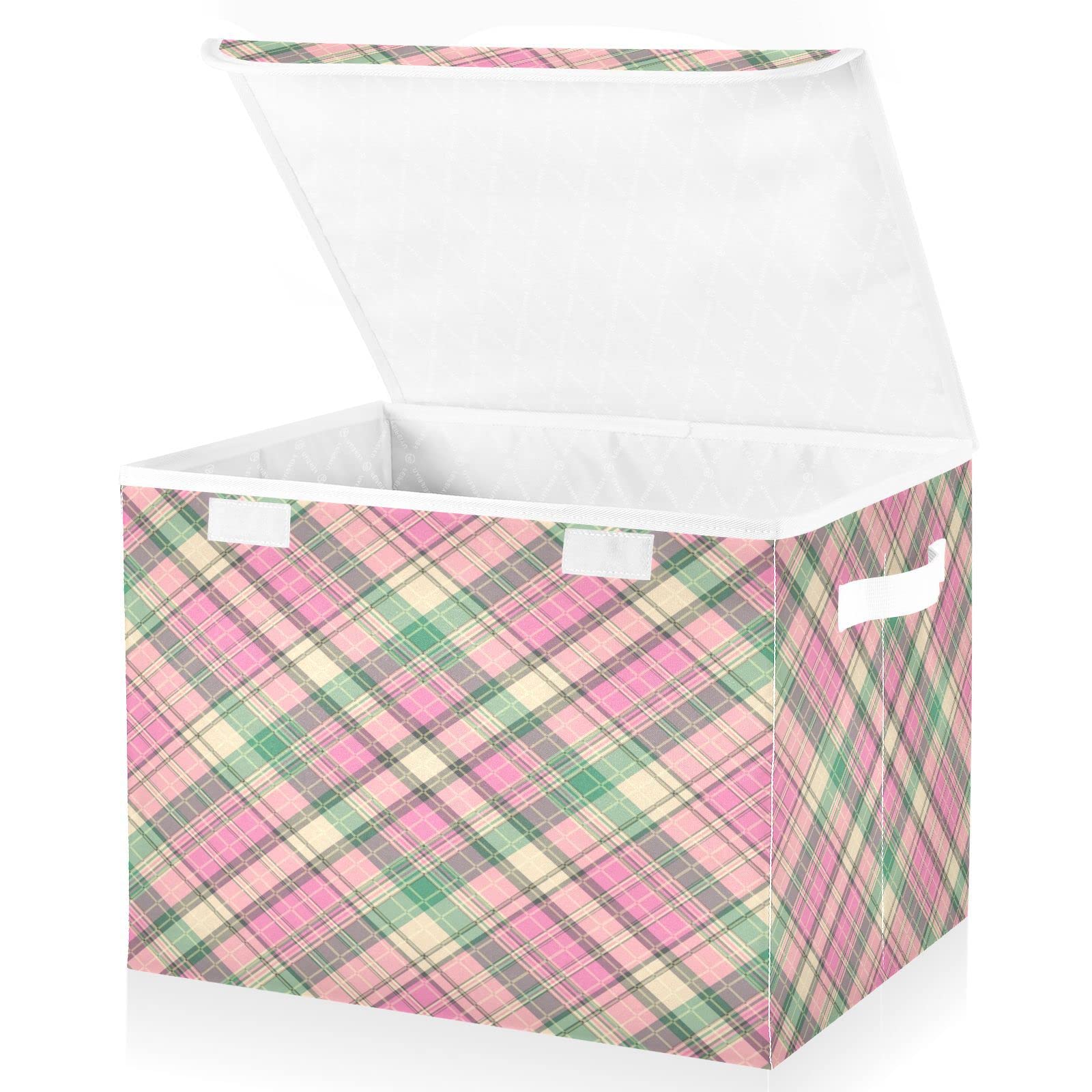 Pink Green Plaid Storage Basket 16.5x12.6x11.8 In Collapsible Fabric Storage Cubes Organizer Large Storage Bin with Lids and Handles for Shelves Bedroom Closet Office