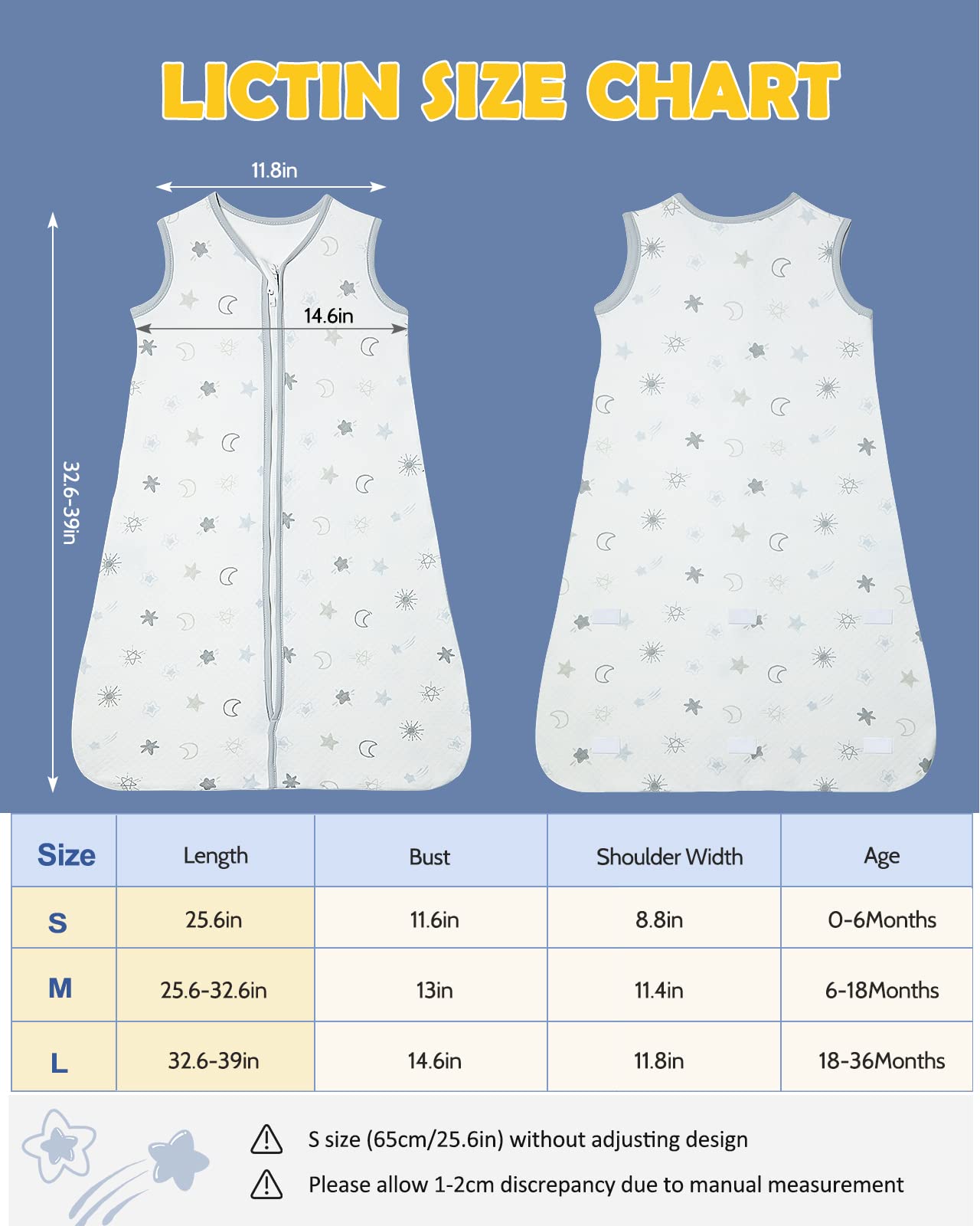 Lictin Baby Sleep Sack 1.0 TOG - Toddler Sleeping Sack 18-36 Months, Baby Wearable Blanket, Unisex Sleeveless Summer Baby Sleeping Bag with Adjustable Length and 2-Way Zipper