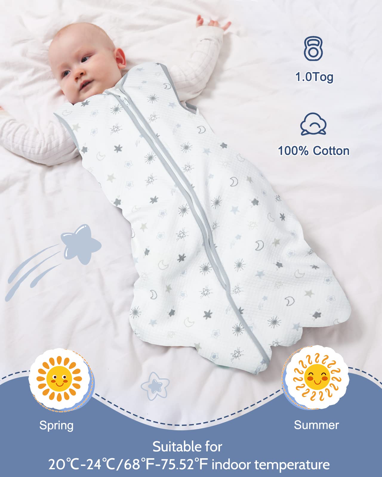 Lictin Baby Sleep Sack 1.0 TOG - Toddler Sleeping Sack 18-36 Months, Baby Wearable Blanket, Unisex Sleeveless Summer Baby Sleeping Bag with Adjustable Length and 2-Way Zipper