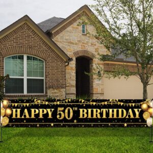 katchon, xtralarge happy 50th birthday yard banner - 120x20 inch | black and gold 50th birthday yard sign for men | happy 50th birthday banner for 50th birthday decorations | 50 birthday decorations