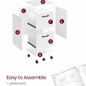 VASAGLE 2-Drawer File Cabinet, Filing Cabinet for Home Office, Small Rolling File Cabinet, Printer Stand, for A4, Letter-Size Files, Hanging File Folders, Modern Style, White UOFC040W46