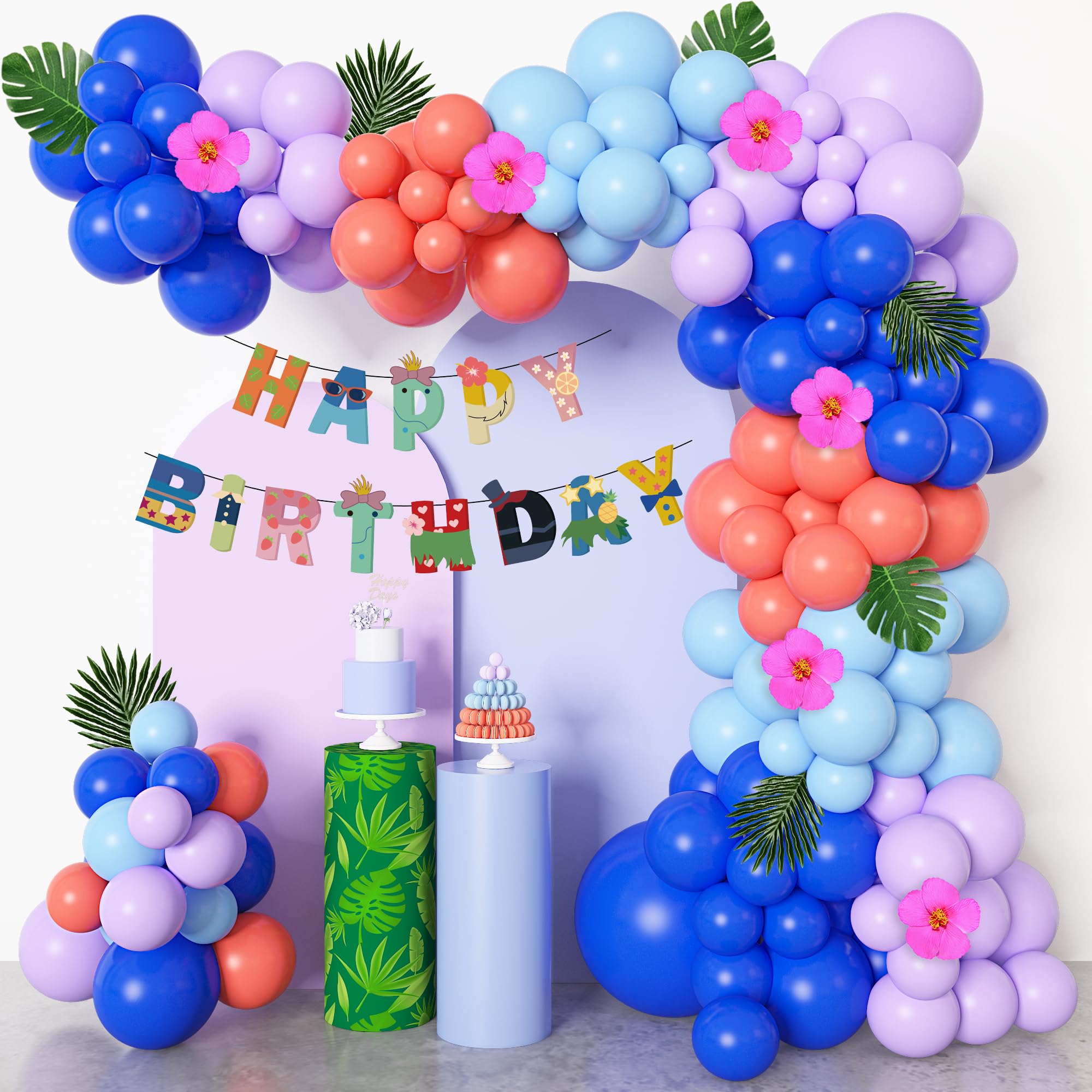 131Pcs Stich Balloons Birthday Party Decorations Garland Arch Kit, Blue Purple Balloon Happy Birthday Banner Palm Leaves Flower for Kids Stich Birthday Baby Shower Hawaii Tropical Party Supplies