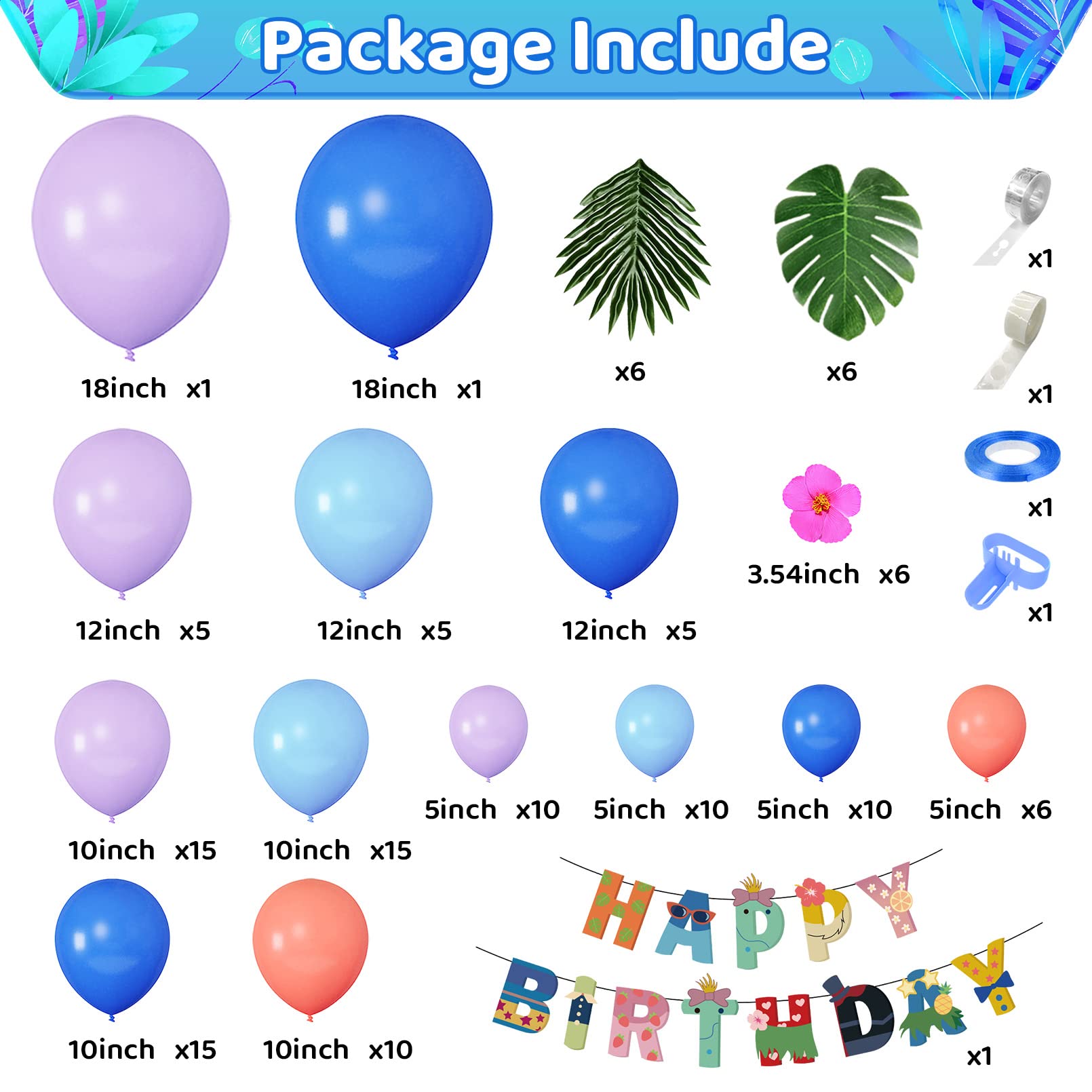131Pcs Stich Balloons Birthday Party Decorations Garland Arch Kit, Blue Purple Balloon Happy Birthday Banner Palm Leaves Flower for Kids Stich Birthday Baby Shower Hawaii Tropical Party Supplies