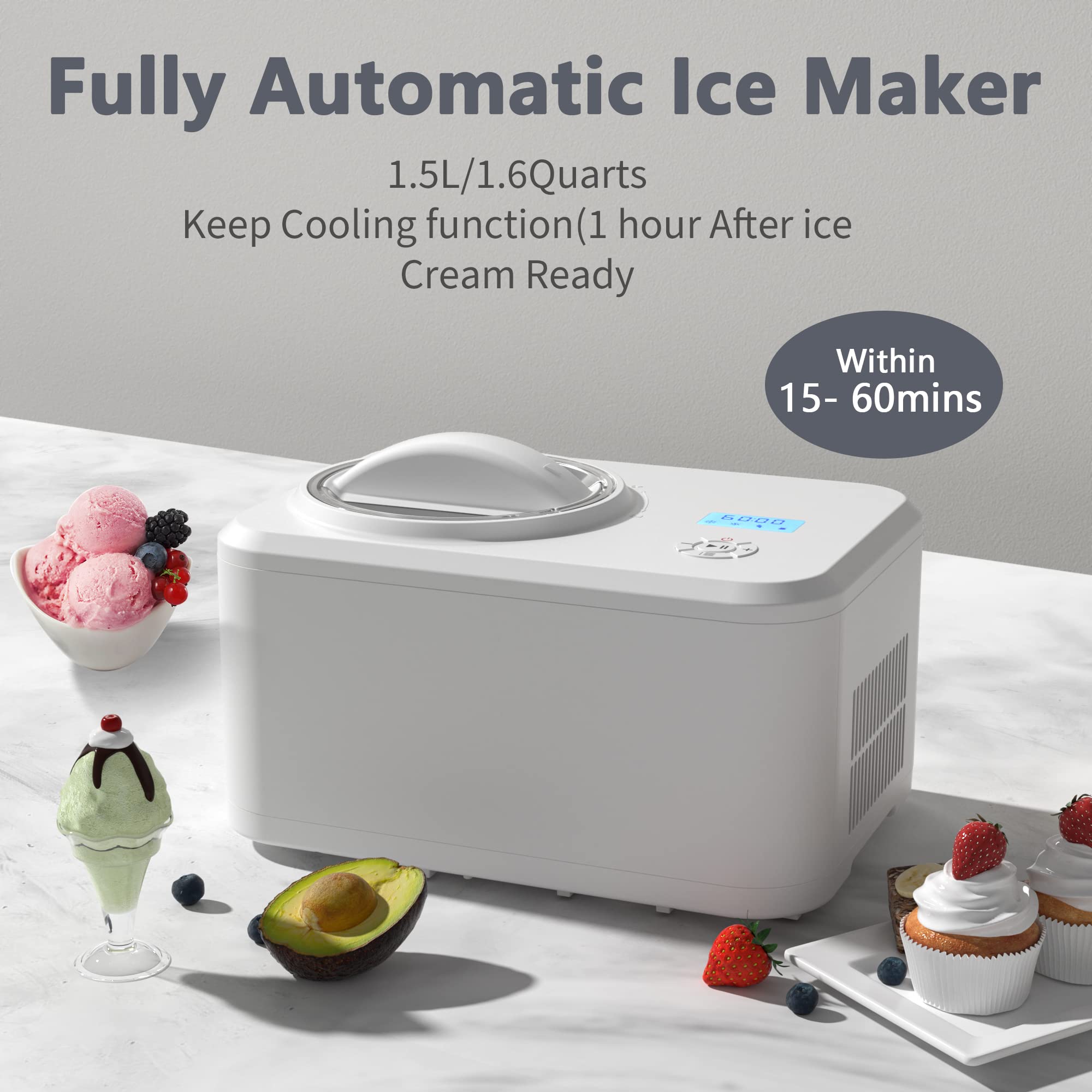 COWSAR 1.6 Quart Ice Cream Maker Machine with Built-in Compressor, Fully Automatic and No Pre-freezing, Frozen Yogurt, Keep-cooling, Timer Function, Easy to Clean