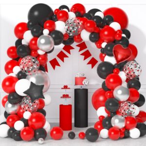 118pcs red and black balloons arch kit, graduation decorations class of 2024 red black and white balloons with silver confetti foil heart star & banner for school casino race car party birthday