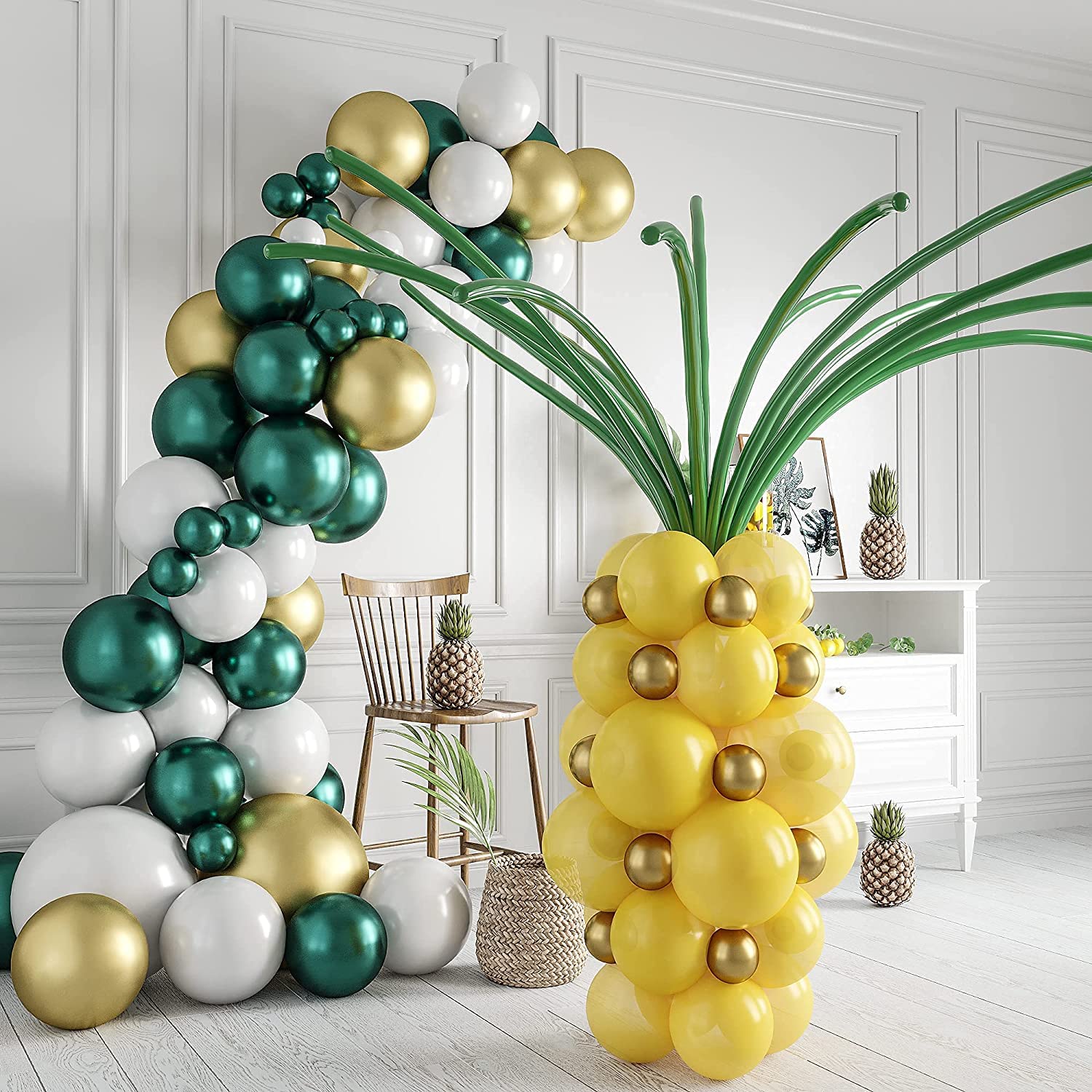 HOUSE OF PARTY Pineapple Balloons for Tropical Balloon Arch Kit 64 Pcs - 12,10,5 Inch Yellow, Gold and Green Summer Balloon Garland | Pineapple Decorations for Luau, Aloha, Hawaiian, Pool, Beach Party
