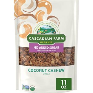 cascadian farm organic granola with no added sugar, coconut cashew cereal, resealable pouch, 11 oz.