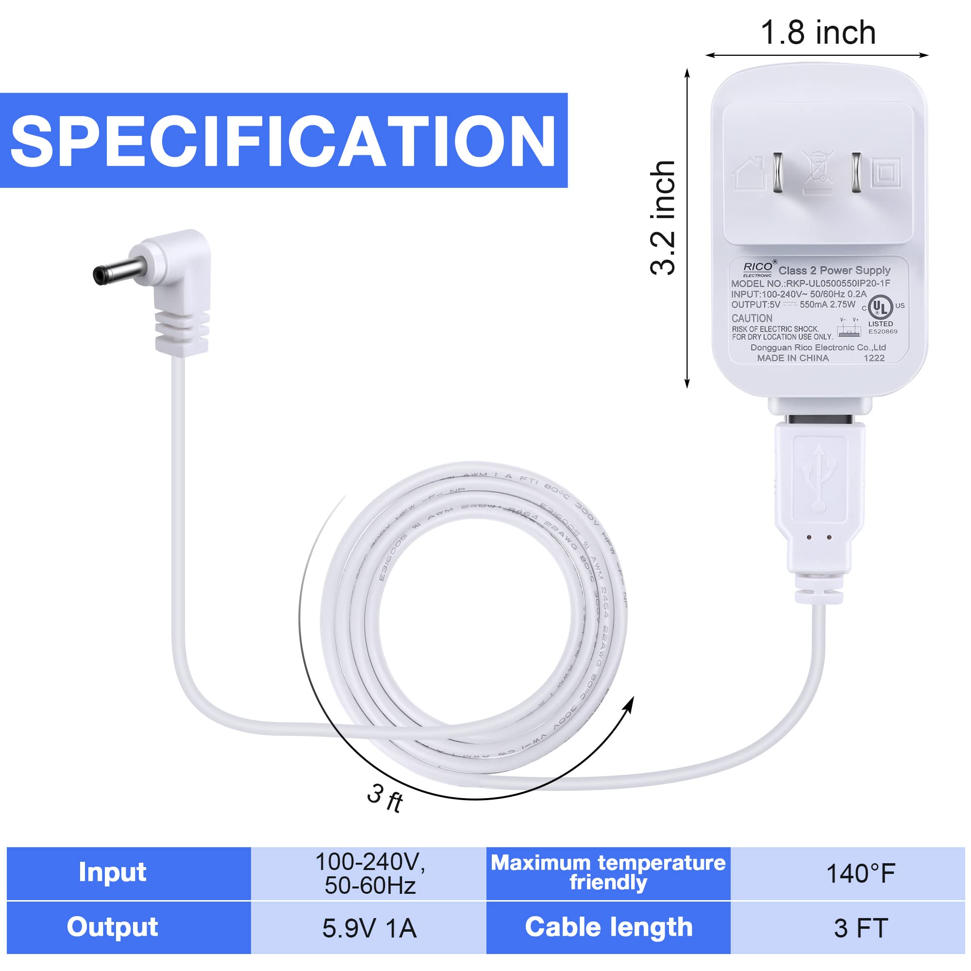 Charger for Infant Optics DXR-8, 5.9 V Power Cord Adapter Compatible with Infant Optics DXR-8 Baby Camera Monitor Unit Replacement, White