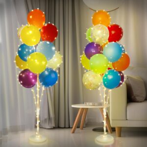 amandir 2 set balloon stand kit for floor with lights, include 32pcs rainbow latex confetti balloons, balloon column stand for wedding birthday party