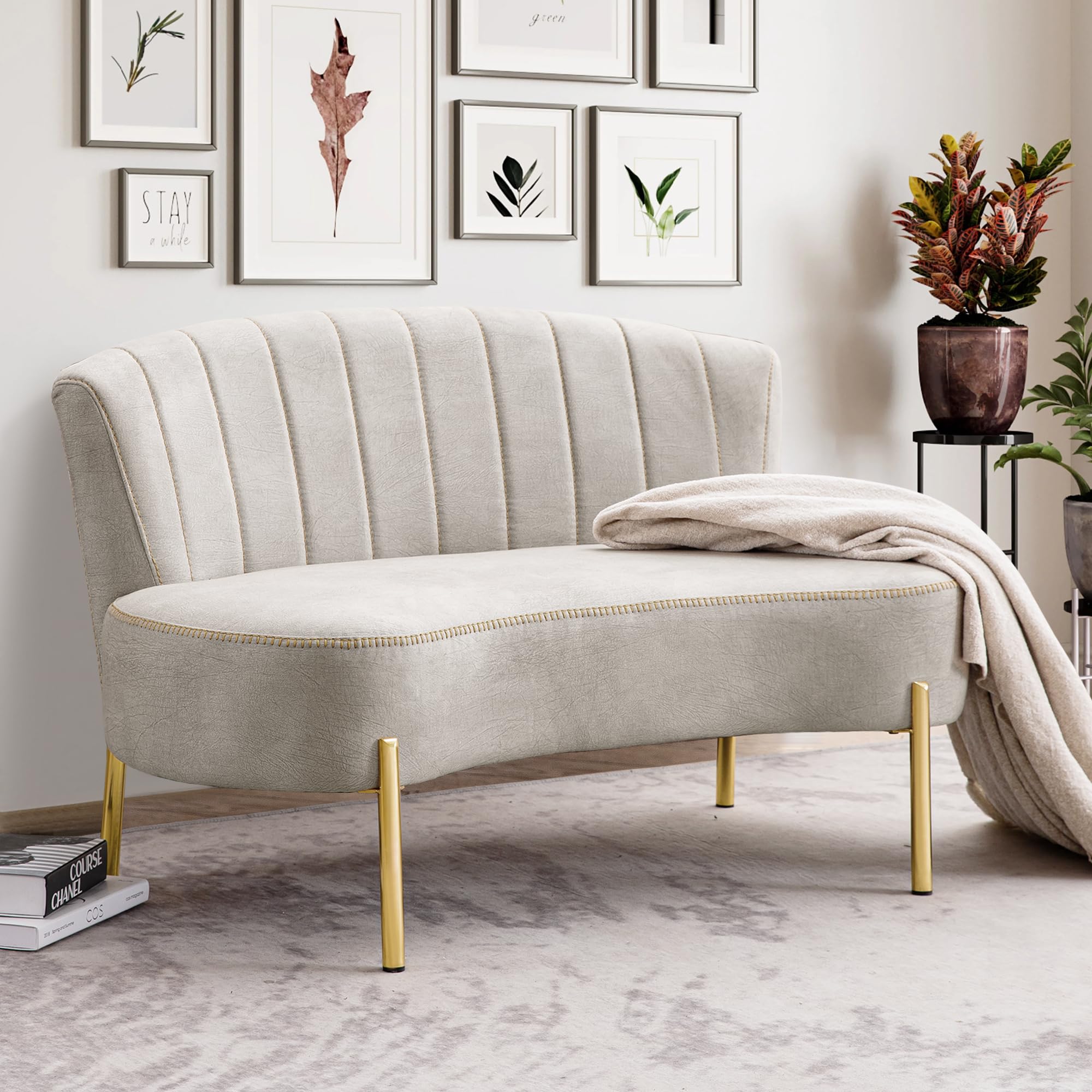 annjoe Loveseat Settee Upholstered Sofa Couch Banquette Bench Ottoman with Backrest and Golden Metal Legs for Dining Room Living Room Bedroom Funiture