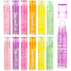 expressions 12pc roll on lip gloss set w/maribou handle carrying case, lip makeup for kids and teens - assorted fruity flavors, non toxic, kid friendly, party gift, best friends