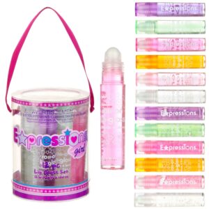 Expressions 12pc Roll On Lip Gloss Set with Carrying Case, 12-Piece Glossy Lip Makeup - Assorted Fruity Flavors, Non Toxic, Kid Friendly, Party Gift, Best Friends